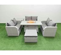 Fimous 7 Seater PE Wicker Rattan Furniture Sofa Sets with Firepit Dining Table 2 Seater Love Sofa Big Footstool Side Table Light Grey Light Grey