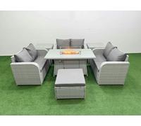 Fimous 7 Seater PE Wicker Rattan Furniture Sofa Sets with Firepit Dining Table 2 Seater Love Sofa Big Footstool 2 Side Table Light Grey