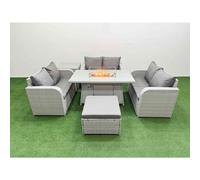 Fimous 7 Seater PE Wicker Rattan Furniture Sofa Sets with Firepit Dining Table 2 Seater Love Sofa Big Footstool Side Table Light Grey Light Grey