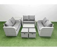 Fimous 7 Seater PE Wicker Rattan Furniture Sofa Sets with Rectangular Coffee Table 2 Seater Love Sofa Big Footstool 2 Side Table Light Grey