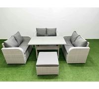 Fimous 7 Seater PE Wicker Rattan Furniture Sofa Sets with Rectangular Dining Table 2 Seater Love Sofa Big Footstool Light Grey