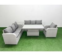 Fimous 7 Seater Poly Rattan Outdoor Garden Furniture Adjustable Lifting Dining Or Coffee Table Sofa Set Side Table Light Grey