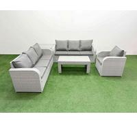 Fimous 7 Seater Poly Rattan Outdoor Garden Furniture Oblong Coffee Table Sofa Set Reclining Chair Side Table Light Grey