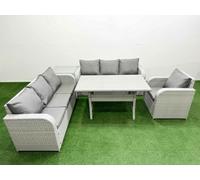 Fimous 7 Seater Poly Rattan Outdoor Garden Furniture Rectangular Dining Table Sofa Set 3 Seater Sofa Side Table Light Grey