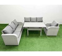 Fimous 7 Seater Poly Rattan Outdoor Garden Furniture Rectangular Dining Table Sofa Set 3 Seater Sofa Light Grey