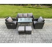 Fimous 7 Seater Rattan Conservatory Sofa Set - Rectangular Dining Table, Reclining Chair, 3-Seater Sofa & 2 Footstools