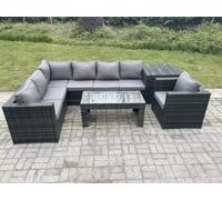 Fimous 7 Seater Rattan Corner Sofa Lounge Sofa Set With Rectangular Coffee Table With Arm Chair And Side Table Dark Grey Mixed Left Hand
