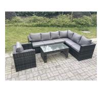 Fimous 7 Seater Rattan Corner Sofa Lounge Sofa Set With Rectangular Coffee Table With Arm Chair Dark Grey Mixed