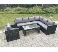Fimous 7 Seater Rattan Corner Sofa Lounge Sofa Set With Rectangular Coffee Table With Arm Chair Dark Grey Mixed