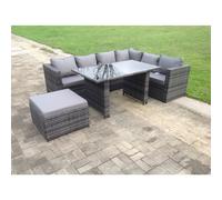Fimous 7 Seater Rattan Corner Sofa Set Rectangular Dining Table Set With Seat And Back Cushion