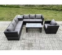 Fimous 7 Seater Rattan Corner Sofa Set With Square Side Table And Oblong Rectangular Coffee Tea Table Arm Chair Dark Grey Mixed