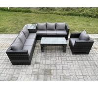 Fimous 7 Seater Rattan Corner Sofa Set With Square Side Table And Oblong Rectangular Coffee Tea Table Arm Chair Dark Grey Mixed