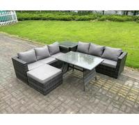 Fimous 7 Seater Rattan Garden Dining Set Outdoor Furniture Sofa with Dining Table Big Footstool Side Table Dark Grey Mixed