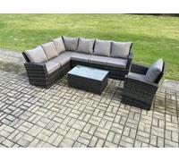 Fimous 7 Seater Rattan Garden Furniture Corner Sofa Set Outdoor Patio Sofa Chair Table Set with Rectangular Coffee Table Dark Grey Mixed