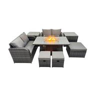 Fimous 7 seater Patio Gas Firpit Dining Table Sofa Sets Rattan Garden Furniture Dining Set with 3 Stools 2 Side Tables Dark Grey Mixed