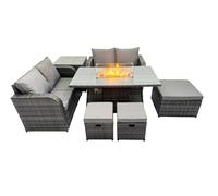 Fimous 7 seater Patio Gas Firpit Dining Table Sofa Sets Rattan Garden Furniture Dining Set with 3 Stools Side Table Dark Grey Mixed