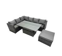 Fimous 7 seater Height Adjustable Rising Lifting Table Corner Sofa Set Rattan Garden Furniture Dining Set with Big Stool Dark Grey Mixed