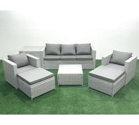 Fimous 7 Seater Rattan Garden Furniture Set 3 Seater Sofa 2 Chair Square Coffee Table 2 Big Stools Side Table Light Grey