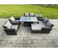 Fimous 7-Seater Rattan Garden Furniture Set - Dark Grey Mixed Patio Rising Lifting Table Sofa Set with Double Seat Sofa & Footstool