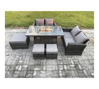 Fimous 7 Seater Rattan Garden Furniture Set Outdoor Lounge Sofa Chair Gas Fire Pit Dining Table Set With 3 Footstools Double Seat Sofa in Dark Grey Fimous Dark Grey