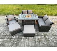 Fimous 7 Seater Rattan Garden Furniture Set Outdoor Lounge Sofa Chair Gas Fire Pit Dining Table Set With 2 Big Footstool Double Seat Sofa Armchiar Fimous Dark Grey