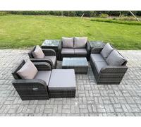 Fimous 7 Seater Rattan Garden Furniture Set Patio Outdoor Lounge Sofa Set With Rectangular Coffee Table Big Footstool