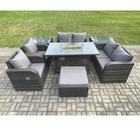 7 Seater Rattan Garden Furniture Set Propane Gas Fire Pit Table and Sofa Chair set with 2 Side Tables Big Footstool Fimous Dark Grey One Size