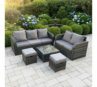 Fimous 7 Seater Rattan Garden Furniture Set with 2 Sofas, Coffee Table & 2 Footstools - Dark Grey