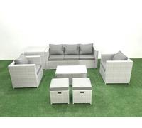 Fimous 7 Seater Rattan Garden Furniture Set with 3 Seater Sofa 2 Chair Rectangular Coffee Table 2 Small Footstools Side Table Light Grey Mixed