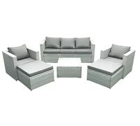 Fimous 7 Seater Rattan Garden Furniture Set with 3 Seater Sofa 2 Chair Square Coffee Table 2 Big Footstools Light Grey Mixed