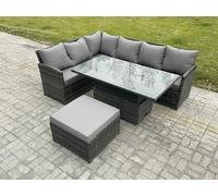 Fimous 7 Seater Rattan Garden Furniture Sets High Back Corner Sofa Height Adjustable Rising Lifting Table Set with Big Footstool Dark Grey Mixed