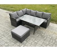 Fimous 7 Seater Rattan Garden Furniture Sets High Back Corner Sofa Rectangular Dining Table Set with Big Footstool Dark Grey Mixed