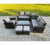 Fimous 7-Seater Rattan Garden Lounge Set - Dark Grey Mixed Patio Outdoor Sofa Chair Set with Rectangular Coffee Table & 2 Small Footstools