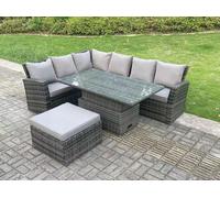 Fimous 7 Seater Rattan High Back Adjustable Rising Lifting Dining Table Corner Sofa Set Garden Furniture Left Hand in Dark Grey Fimous Dark Grey