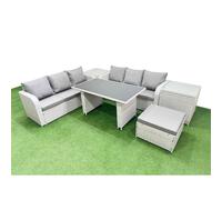 Fimous 7 Seater Rattan Outdoor Dining Table 3 Seater Sofa Set With 2 Side Tables Big Stool Light Grey