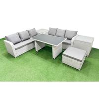 Fimous 7 Seater Rattan Outdoor Dining Table 3 Seater Sofa Set with 2 Side Tables Big Stool Light Grey