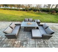 Fimous 7-Seater Rattan Outdoor Fire Pit Dining Set | Double Sofa, Large Footstool, Side Table | Dark Grey