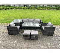 Fimous 7 Seater Rattan Outdoor Furniture Garden Dining Set with Lounge Sofa Dining Table 2 Armchairs Small Stools Dark Grey Mixed