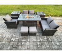 Fimous 7 Seater Rattan Outdoor Garden Furniture Gas Fire Pit Table Sets Gas Heater with Love Sofa Armchair 2 Small Footstools 2 Side Tables Fimous Dark Grey