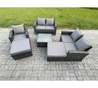 Fimous 7 Seater Rattan Outdoor Garden Furniture Sofa Set Table & Chairs with 2 Big Footstool Dark Grey Mixed