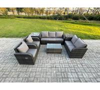 Fimous 7 Seater Rattan Wicker Garden Furniture Patio Conservatory Sofa Set with Rectangular Coffee Table 3 Seater Sofa Love Sofa 2 Side Tables
