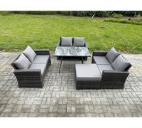 Fimous 7 Seater Rattan Wicker Garden Furniture Patio Conservatory Sofa Set with Rectangular Dining Table Love Seat Sofa Big Footstool