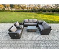 FIMOUS 7-Seater Rattan Wicker Garden Sofa Set – Rectangular Table, 3-Seater + Love Seat, Dark Grey