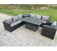 Fimous 7 Seater Wicker PE Garden Furniture Rattan Sofa Set Outdoor Adjustable Rising Lifting Dining Table Set with Armchair Side Table Dark Grey Mixed
