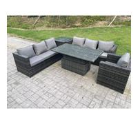 Fimous 7 Seater Wicker PE Garden Furniture Rattan Sofa Set Outdoor Adjustable Rising Lifting Dining Table Set with Armchair Side Table