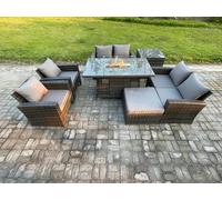 Fimous Wicker PE Rattan Garden Furniture Sets 7 Seater Patio Outdoor Gas Firepit Dining Table Heater Set with Double Seat Sofa in Dark Grey Fimous Dark Grey