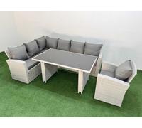 FIMOUS Corner Sofa Set - 7-Seater Wicker Rattan Outdoor with Dining Table, Armchair Light Grey