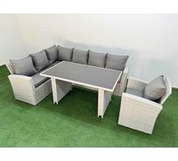 Fimous 7 Seater Wicker Rattan Corner Sofa Sets Outdoor Garden Furniture Sets with Rectangular Dining Table Lounge Sofa Armchair Light Grey