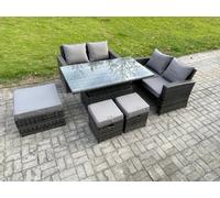 Fimous 7 Seater Wicker Rattan Garden Furniture Rising Table Set with 3 Footstool Double Seat Sofa Dark Grey Mixed