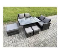 Fimous 7 Seater Wicker Rattan Garden Furniture Rising Table Set with 3 Footstool Double Seat Sofa Dark Grey Mixed